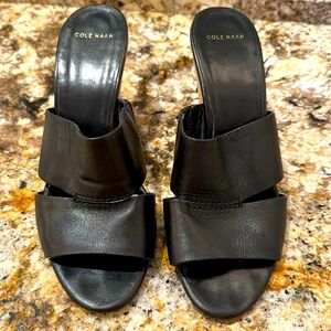 Cole Haan black leather and cork Acoma wedge mules
